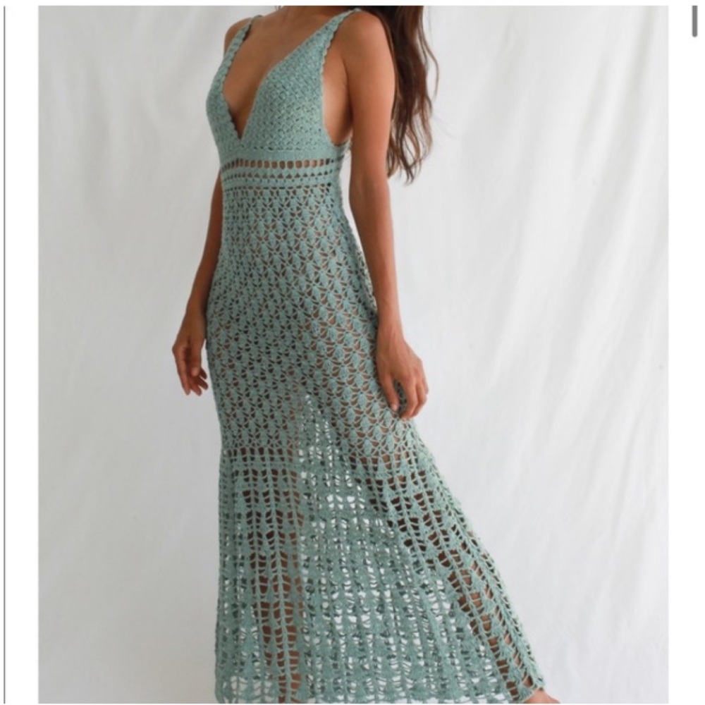 Flook The Label Crocheted Maxi Beach Cover Up Sage Green Dress Size XS